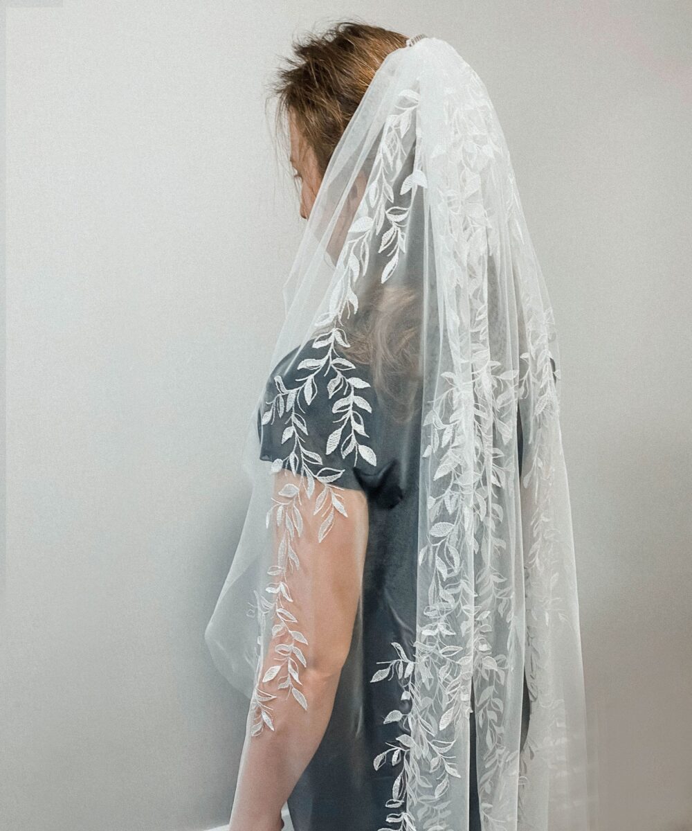 Cathedral Leaf Wedding Veil Leaf Fingertip Flower Floor Length White Applique Cathedral Elbow