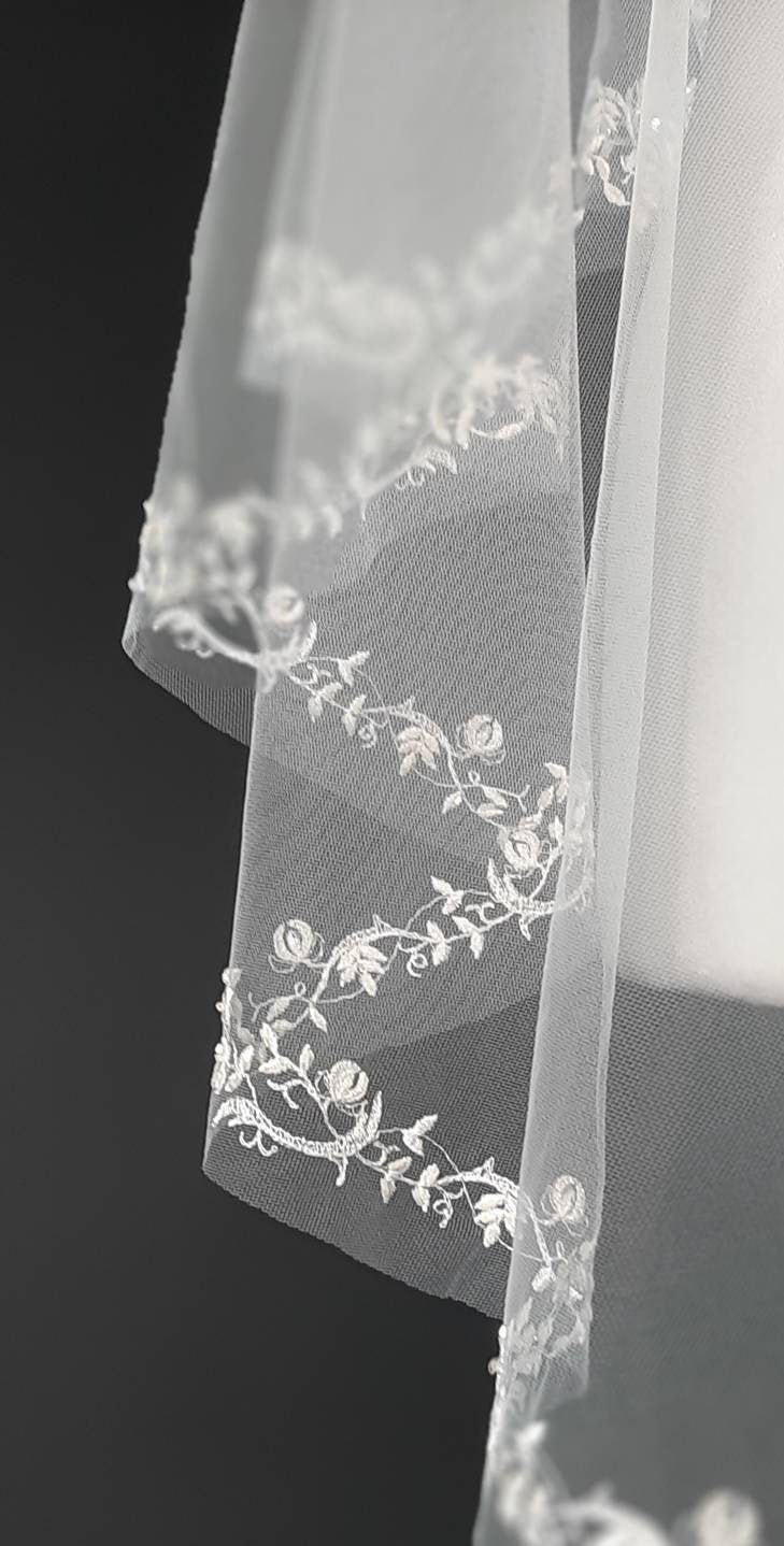 Wedding Veil With Embroidered Edge/ Veil Blusher/ Elbow Wedding