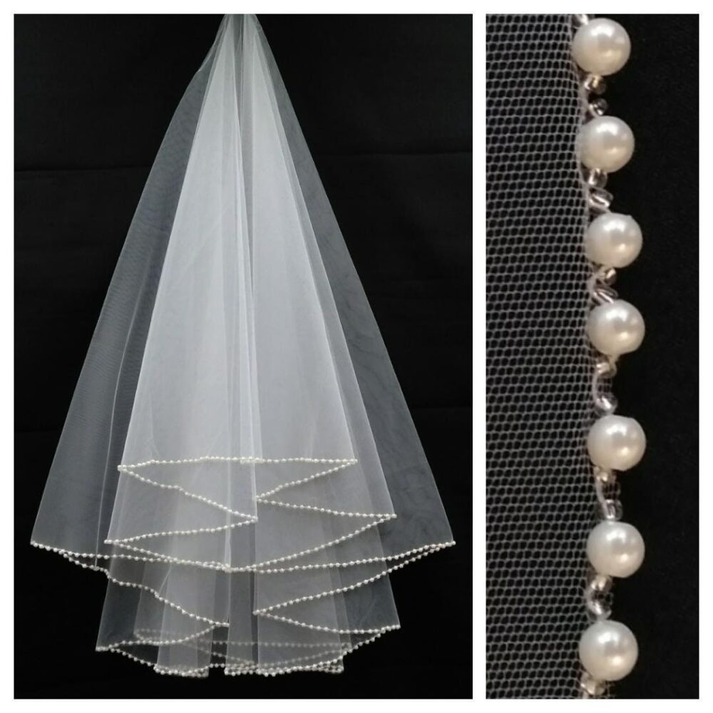 Beaded Wedding Veil 2 Layer Elegant Bridal Two Tier Short Beaded With Comb Pearl Edge Fingertip Cathedral
