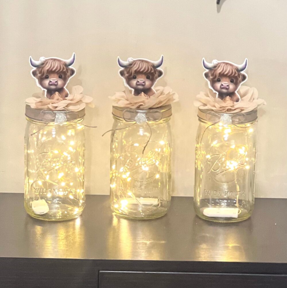 Highland Cow Baby Shower Centerpieces Mason Jar Decoration With Fairy Light; Set Of 3