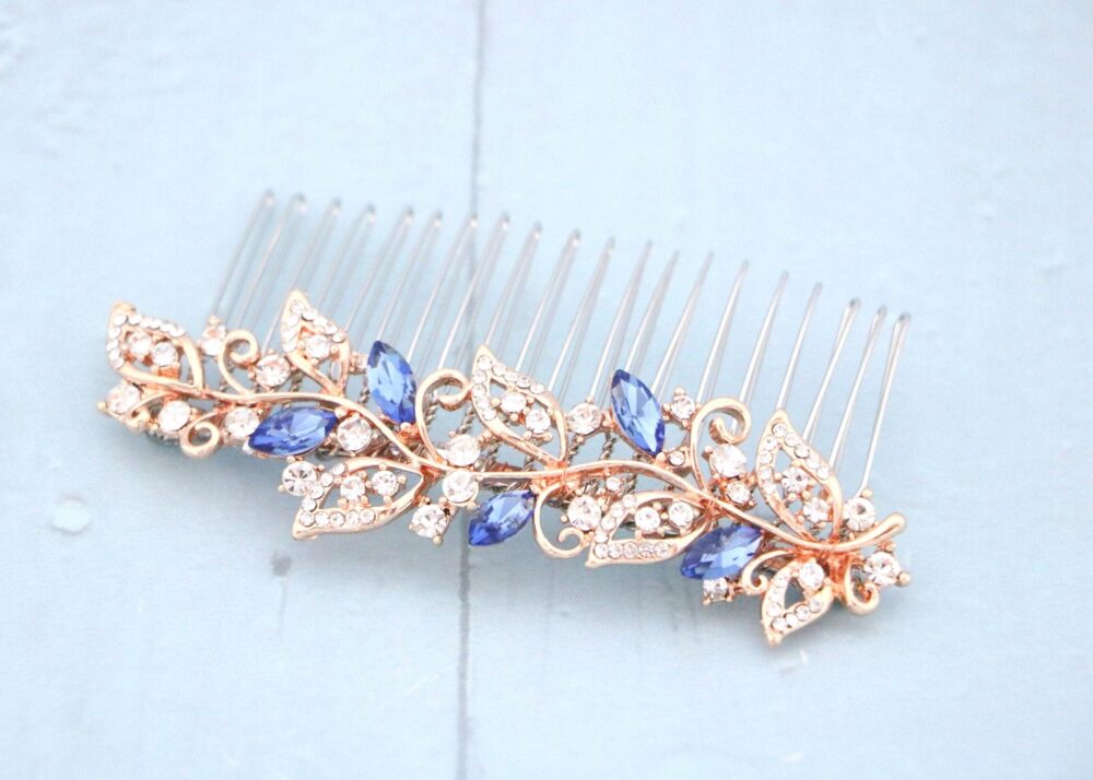 Wedding Hair Piece With Pearl Drop Bridal Earrings Rose Gold Clip Navy Blue Bridal Comb Blue Crystal Sapphire