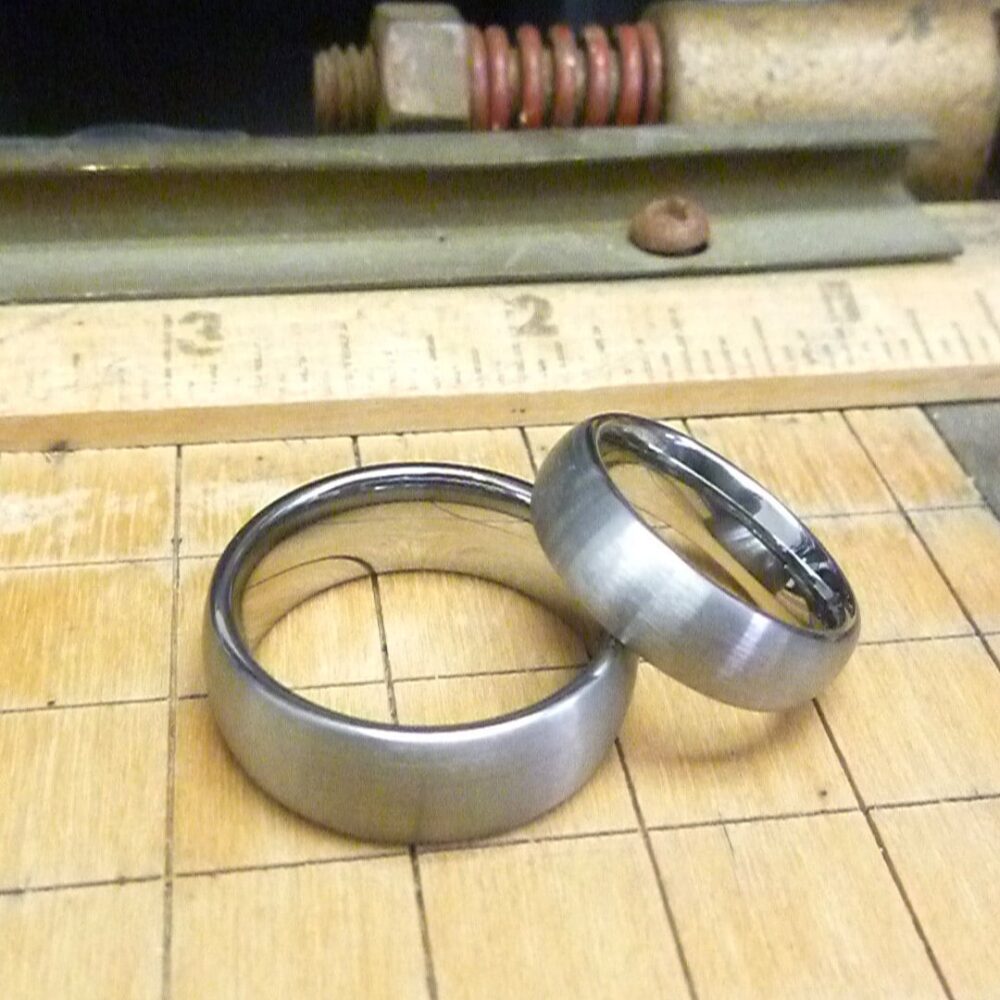 Custom Laser Engraved Tungsten Carbide Ring Set - Brushed Dome Wedding Bands