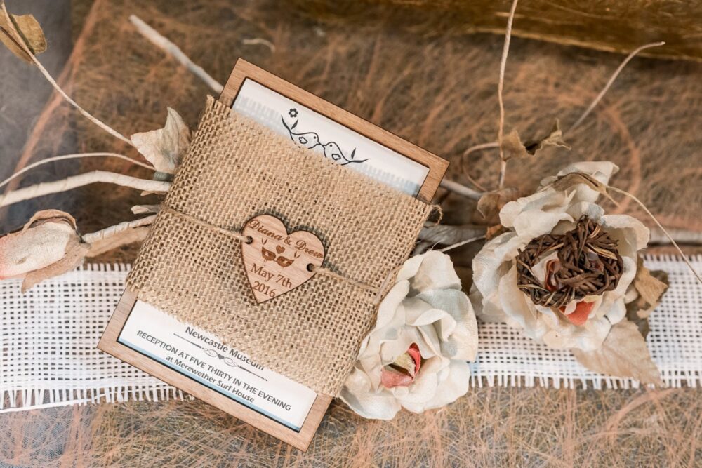 Burlap Wedding Invitation Suite, Wood Set Of 10, Rustic Invitations, Custom Invites, Love Bird