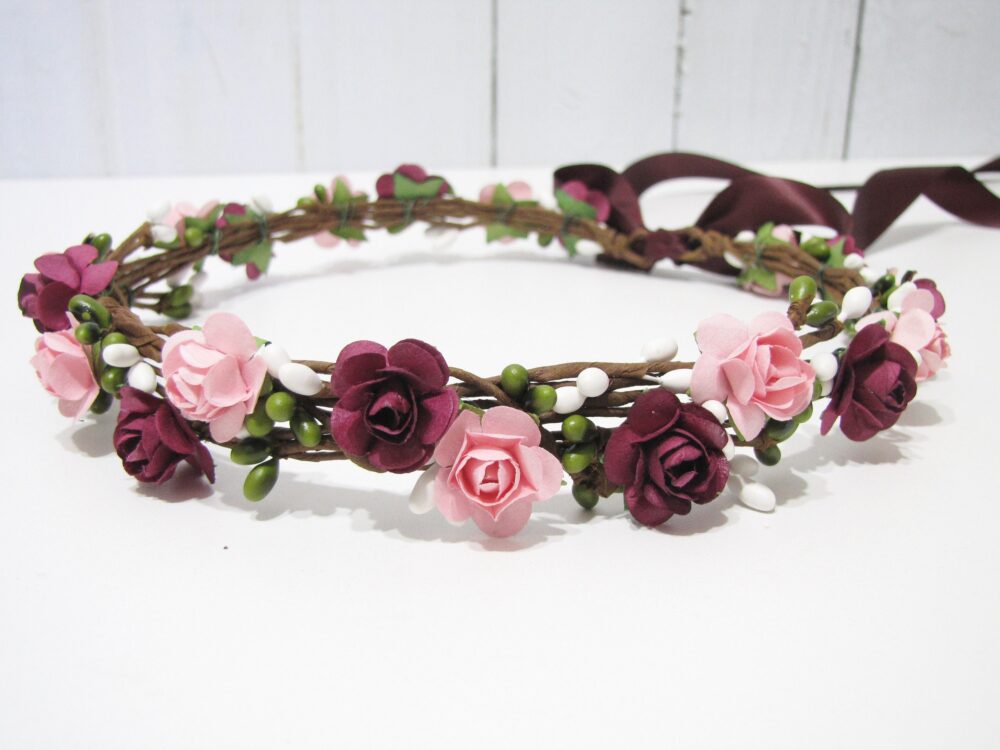 Burgundy Floral Crown, Two Flower Color Headband, Blush Red Wedding Bridesmaid Girls Headband