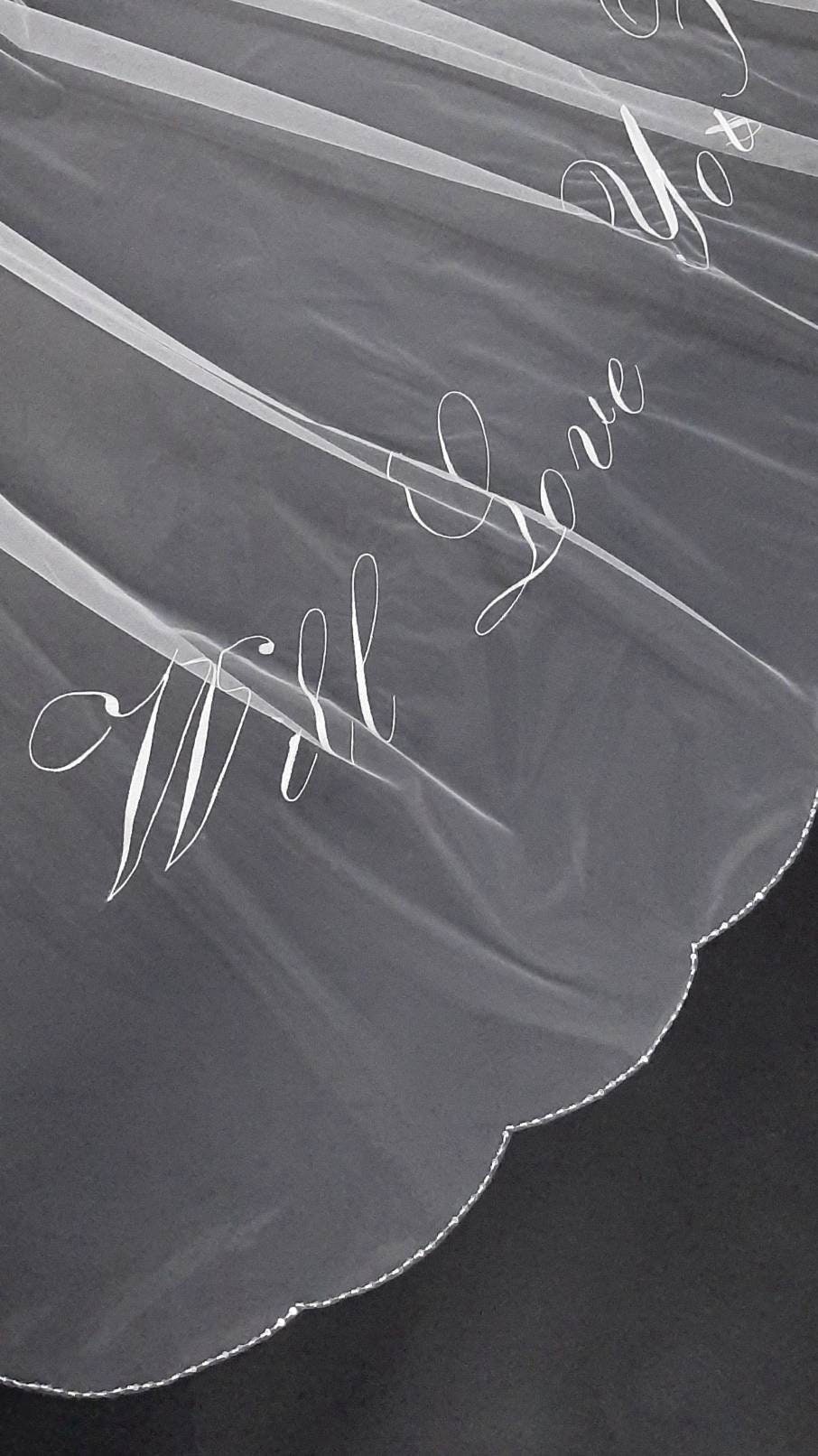 Wedding Veil With Embroidered Text, One Tier Or Blusher. Beaded Edge. Handmade