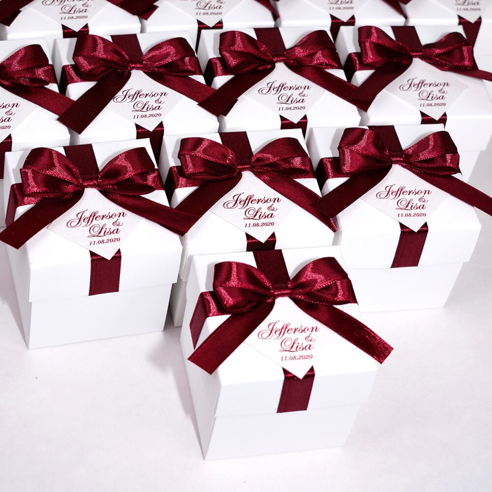 Elegant Wedding Bonbonniere, Favor Boxes With Wine Burgundy Satin Ribbon Bow & Personalized Tag, Custom Candy Box For Party Guests