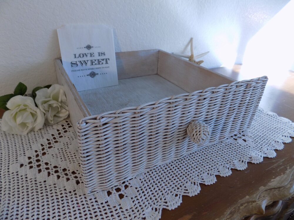 White Shabby Chic Wedding Reception Favor Bag Display Up Cycled Vintage Wicker Wood Vanity Drawer Rustic Distressed Candy Bar Decoration