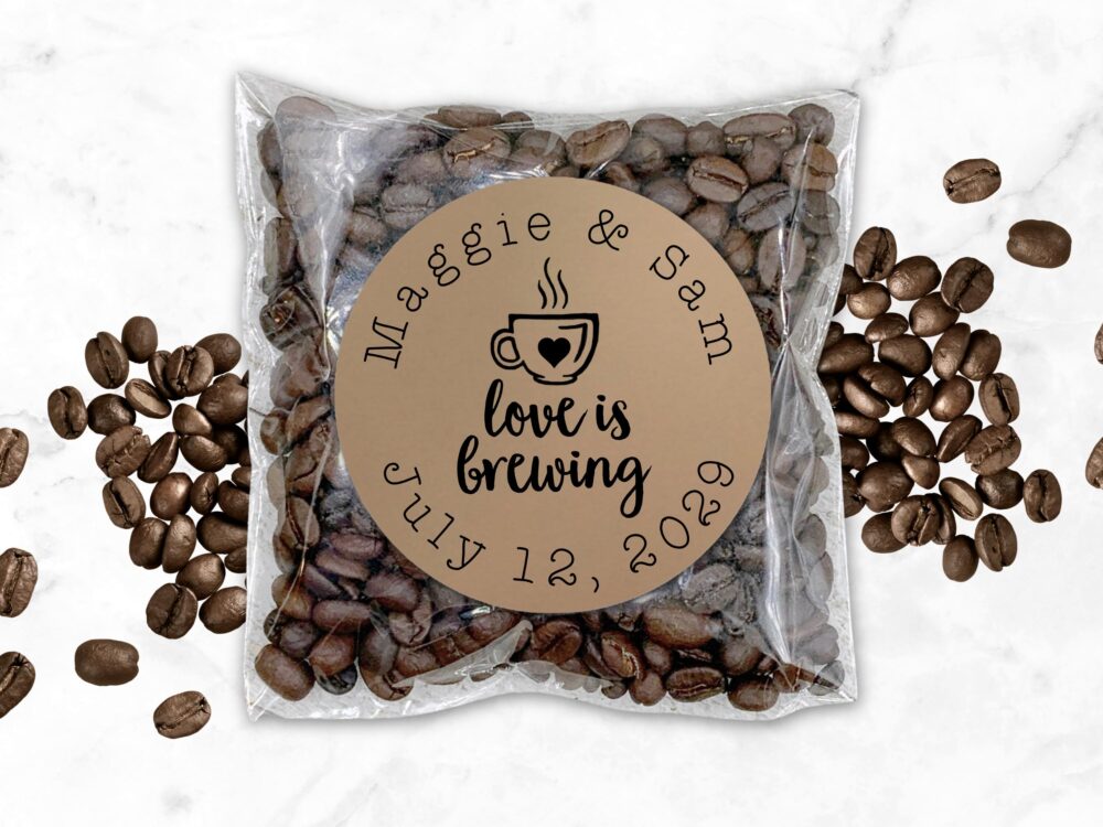 Coffee Or Tea Favor Stickers For Wedding, Party, Shower - Love Is Brewing, Personalized Stickers With Optional Favor Bags Coffee Tea