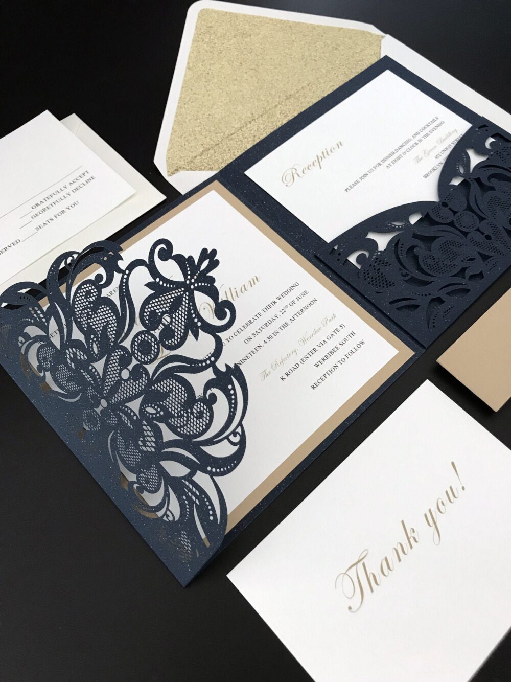 Navy & Gold Wedding Invitations Elegant With Laser Cut Pockets-Free Rsvp Cards