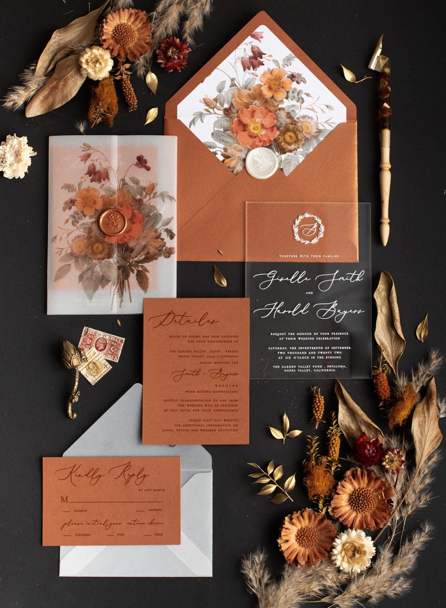 Copper Acrylic Wedding Invitation, Terracotta Autumn Fall Wedding, Glam Cards, Elegant Plexi Glass Invites