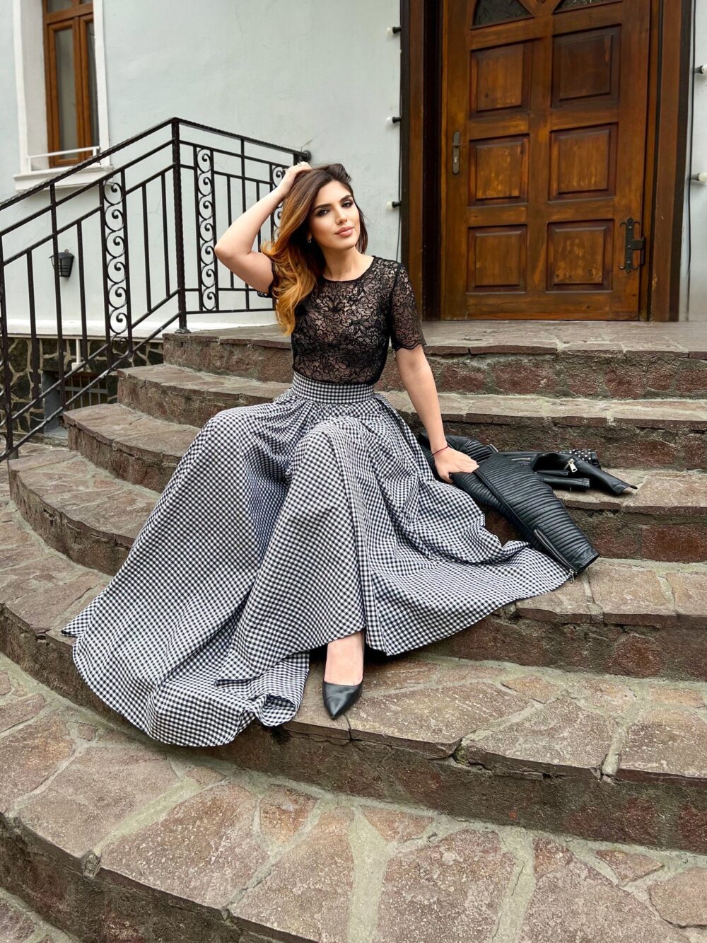 Checkered Cotton Maxi Skirt Black & White Gingham With Pockets, Verne