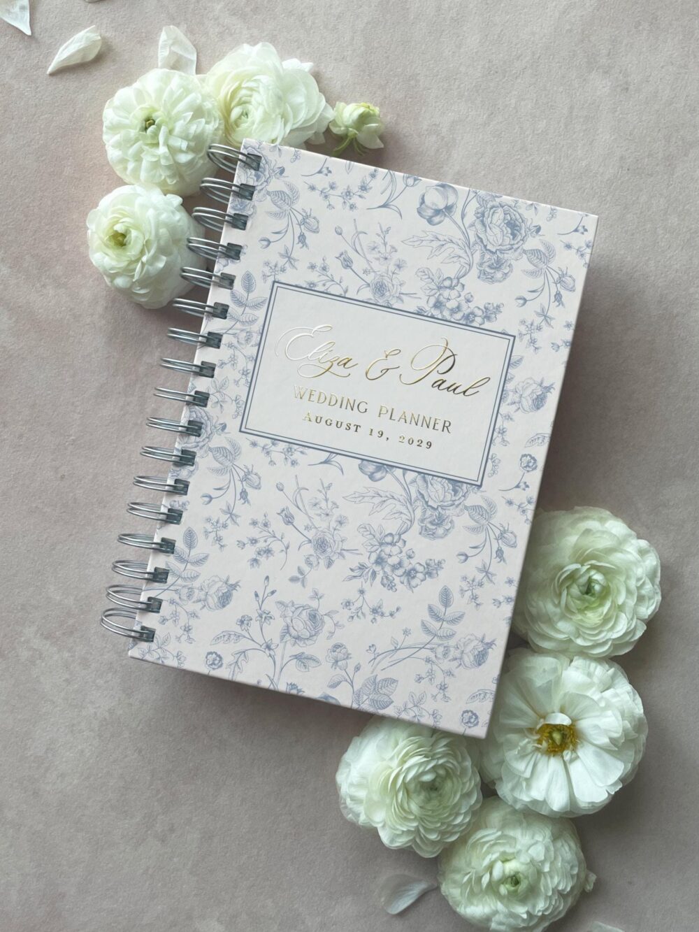 Personalized Wedding Planner Blue Toile Floral Hardcover Journal Bride Book Guide Engagement Gift Spiral Bound Organizer Checklist Budget