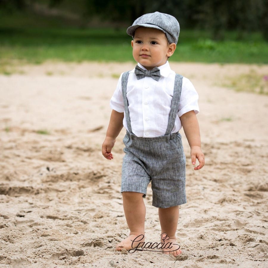 Ring Bearer Gray Outfit Baby Boy Linen Suit Wedding Formal Shorts Suspenders Newsboy Hat Page