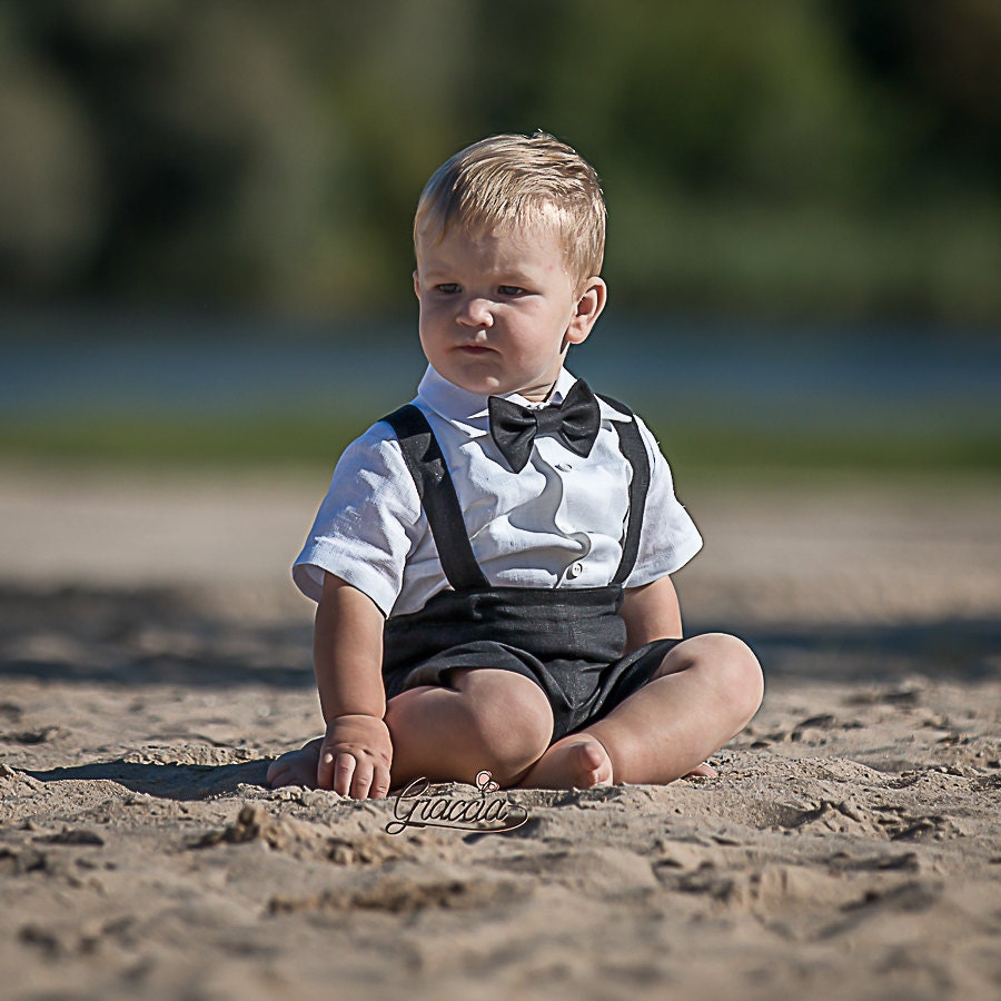 Baby Boy Black Linen Suit, Toddler Suspenders Shorts Outfit, Boy White Shirt, Wedding Ring Bearer Suit