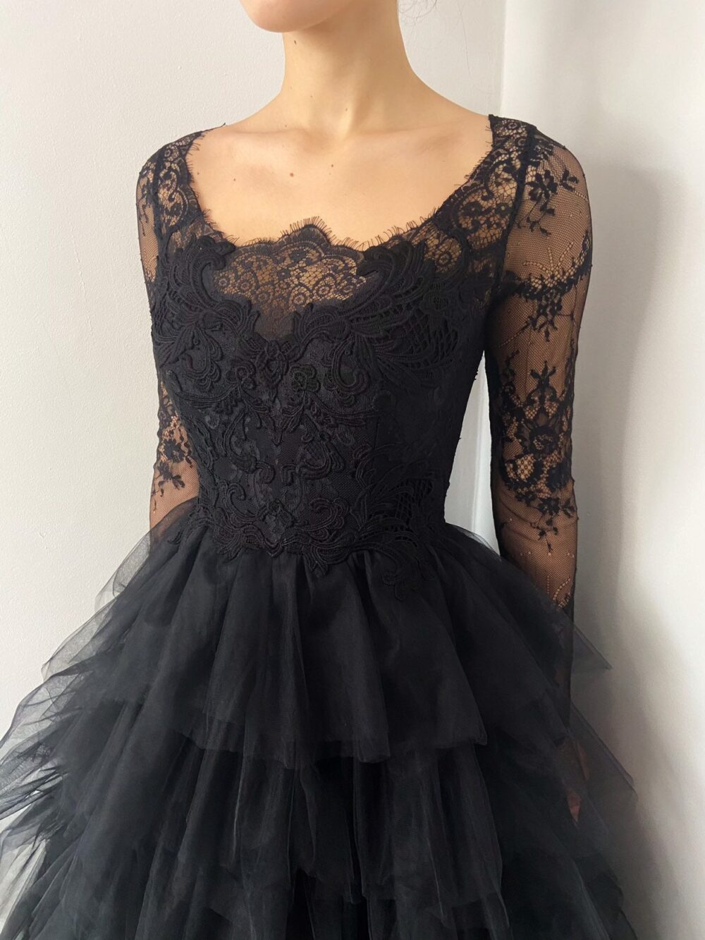 Black Gothic Ruffle Skirt Tulle Lace Wedding Gown, Alternative Bride Dress