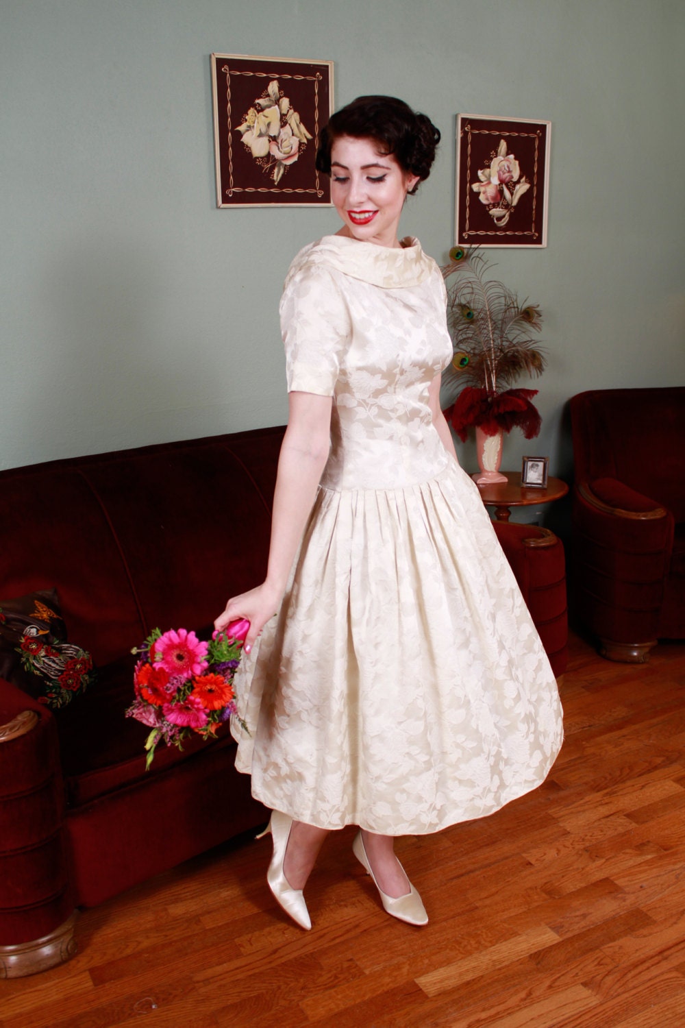 1950S Vintage Wedding Gown - Lovely 50S Damask Tea Lenght Dress Dove