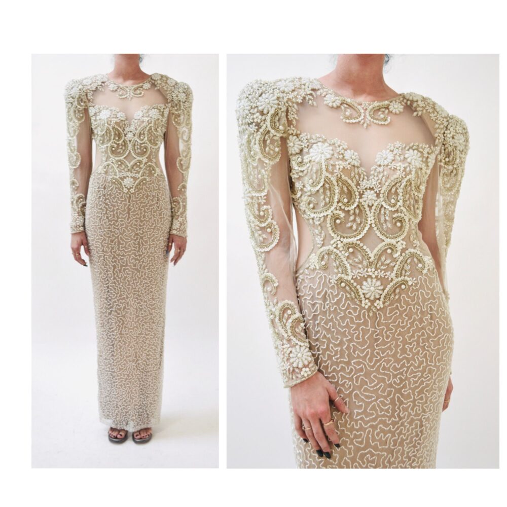 80S 90S Vintage White Beaded Gown Dress Small Medium Lillie Rubin // Wedding Sheer Long Sleeves Pageant