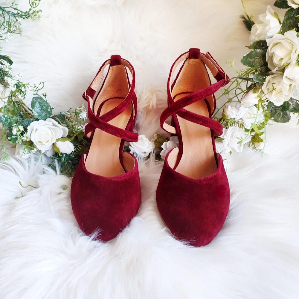 Red Wine Velvet Cross-Front Wedding Gown Pumps, Bridal Block Heels, Ankle Wrap Closure, Party Shoes, Stunning Bride in Pumps