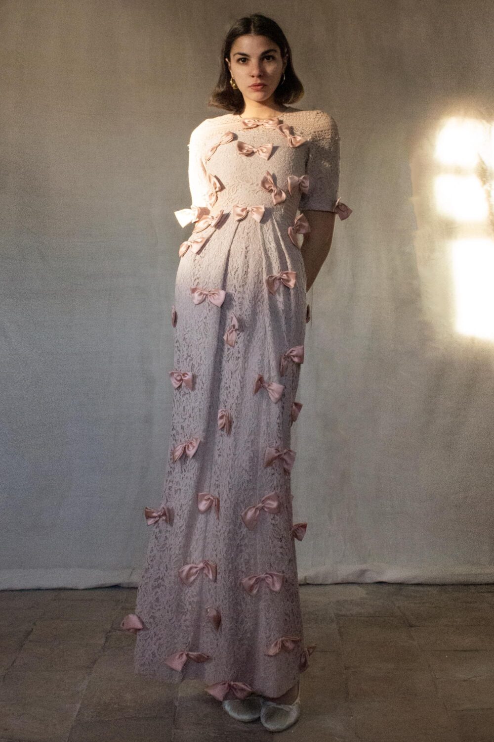 330 - Antique Pink Lace Wedding Dress Vintage Column Gown With Satin Bows & Half Sleeves. Romantic Non-Traditional Bridal Party Dress
