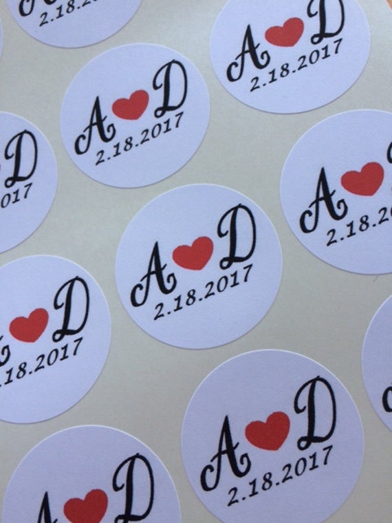 Personalized Wedding Favor Stickers, Favors Labels, Custom 1 1/2" Initials & Date, Kraft Or White Labels With Heart