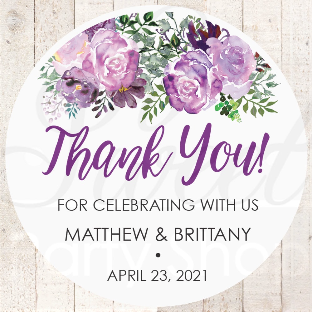 Wedding Favor Stickers, Thank You Sticker Labels, Bridal Shower Favors Purple Floral - Set Of 24 Stickers