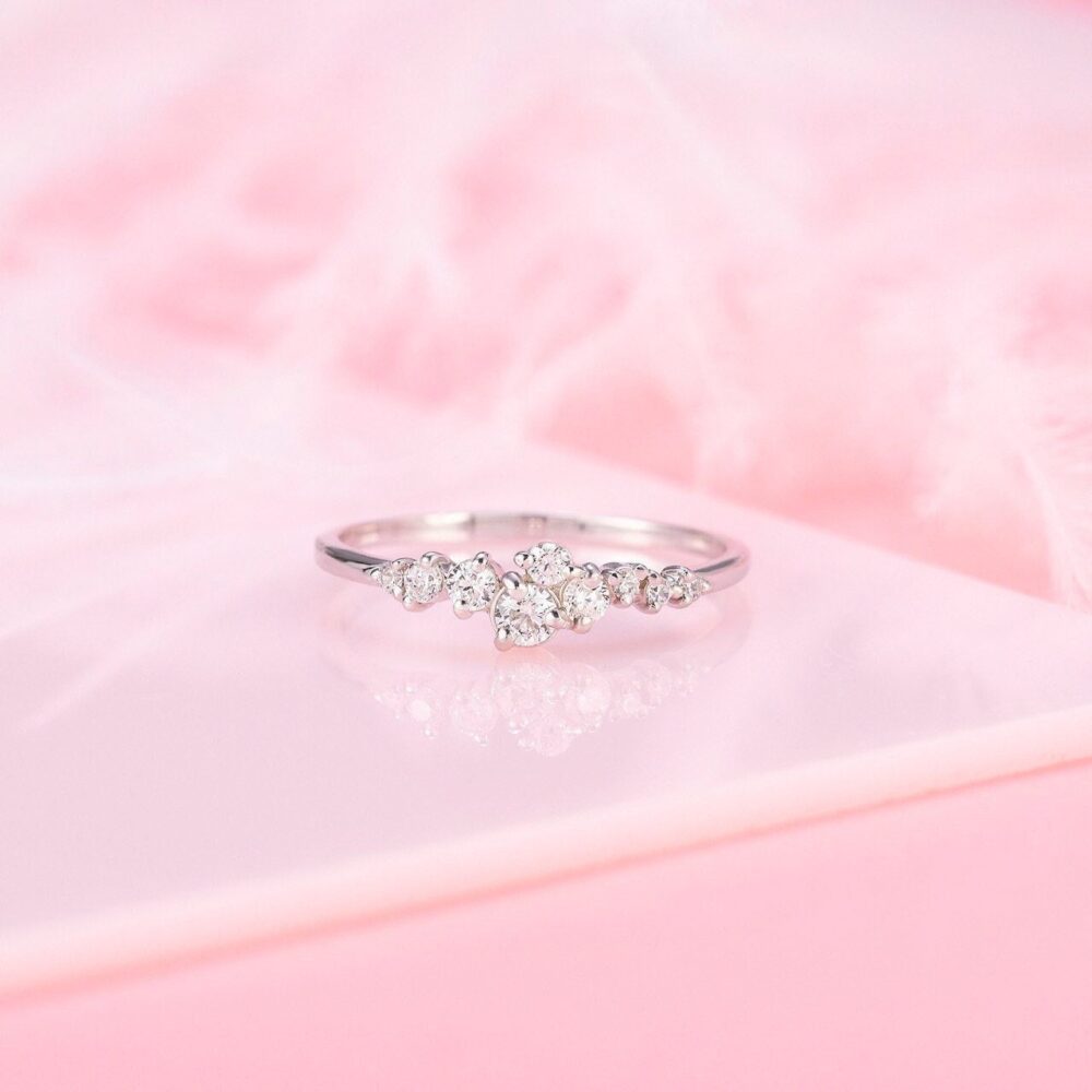 Minimalist Cluster Wedding Band, 925 Sterling Silver Promise Ring For Her, Dainty Cz Engagement Ring, Silver Band