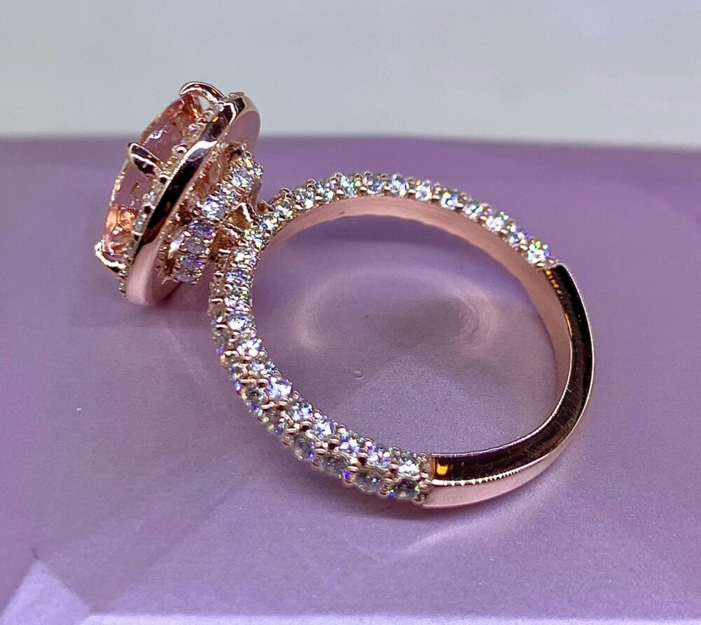 Oval Morganite Diamond Halo Ring, 14K Rose Gold Engagement Ring