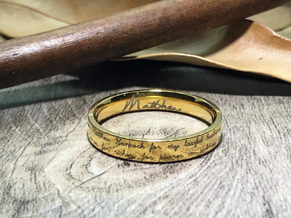 Handmade Your Marriage Vow & Signature Ring Gold Colour Wedding Titanium Bridal Band Couple Women Flat Shape 4mm
