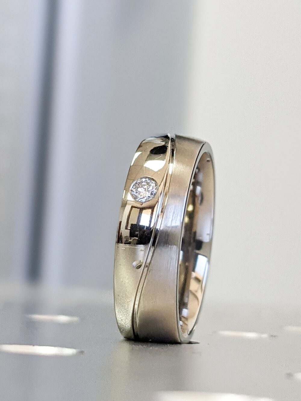 Diamond Curved Wedding Ring Band Titanium Half Polished Brushed 6mm "The Wave"