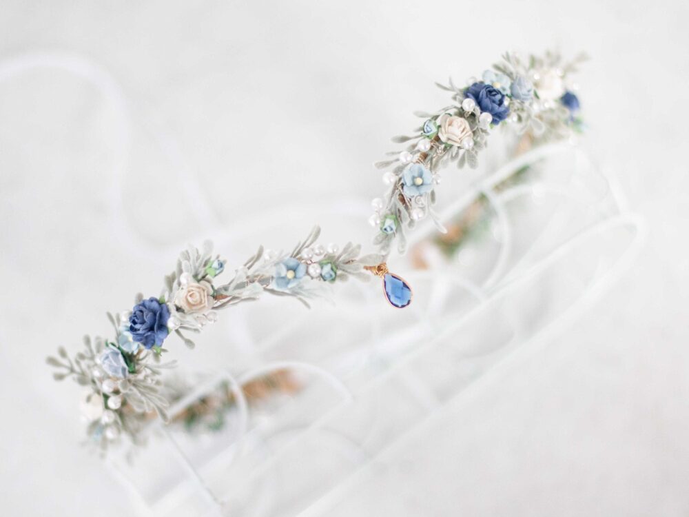 Blue Elven Crown Fantasy Wedding Flower Tiara, Fairytale Bridal Shower
