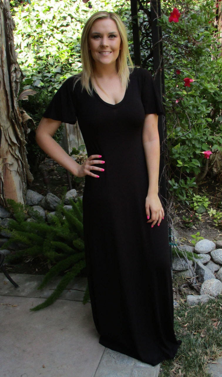 Maxi Dress, Hippie Black Boho Dress, Maxi, Long Solid Black, S M L, V Neck, Loose Sleeve