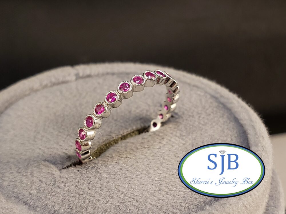 Ruby Rings, Bands, Bezel Set 14K Eternity Band, White Gold Anniversary Ring, Stackable Size 6, #r823
