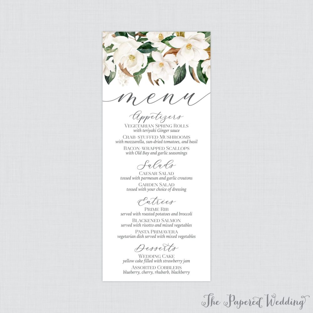 Printable Or Printed Magnolia Wedding Menu Cards - Flower & Leaf Cards, Rustic For in 4 X 9 Size 0031
