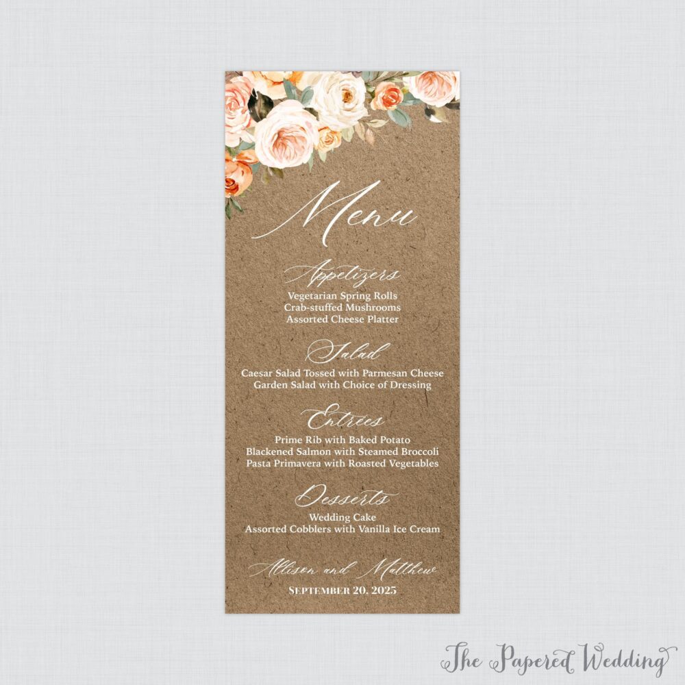 Printable Or Printed Wedding Menu Cards With Rustic Autumn Flowers - Kraft, Orange, Pink, Ivory Floral Card in 4 X 9 Size 0028
