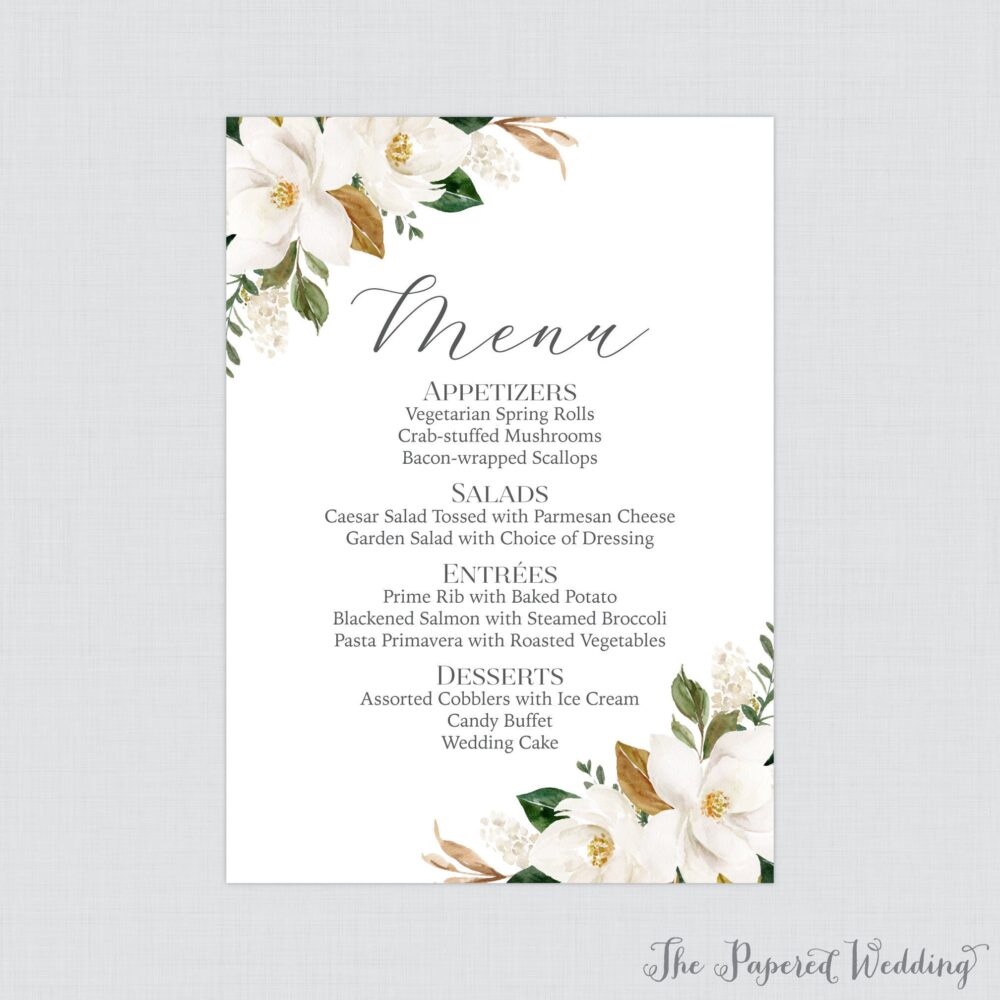 Printable Or Printed Magnolia Wedding Menu Cards - Flower & Leaf Cards, Rustic For 5 X 7 Size 0031