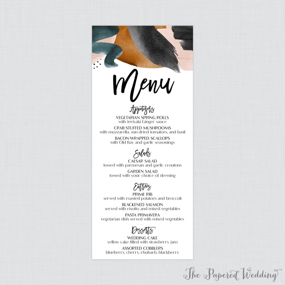 Printable Or Printed Abstract Wedding Menu Cards - Modern Watercolor Card in 4 X 9 Size, Black Blush Pink Teal Brown 0033