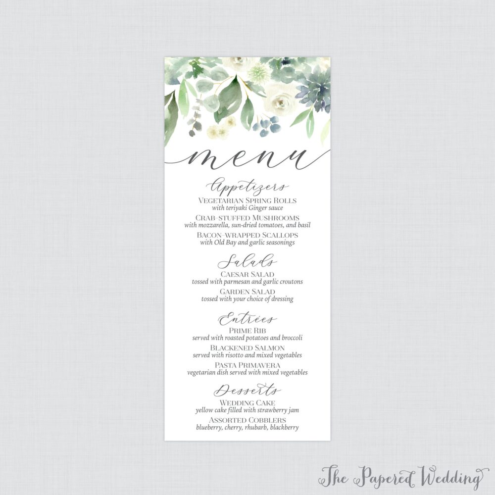 Printable Or Printed Wedding Menu Cards - Succulent Card, & White Flower For Wedding, 4 X 9 Size 0023