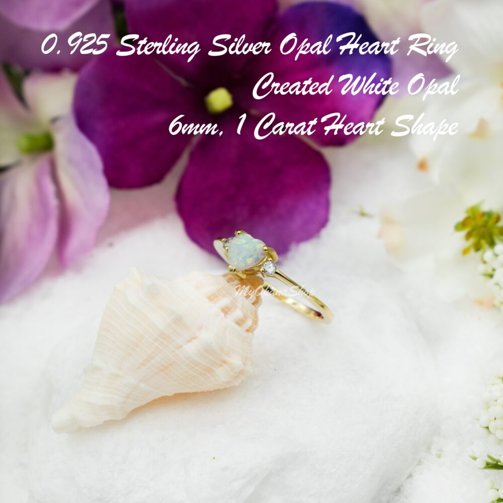 14K Gold Plated Silver Opal Aloha Heart Ring For Women. Sterling Stacking, Dainty Natural Larimar, Created Blue Or White