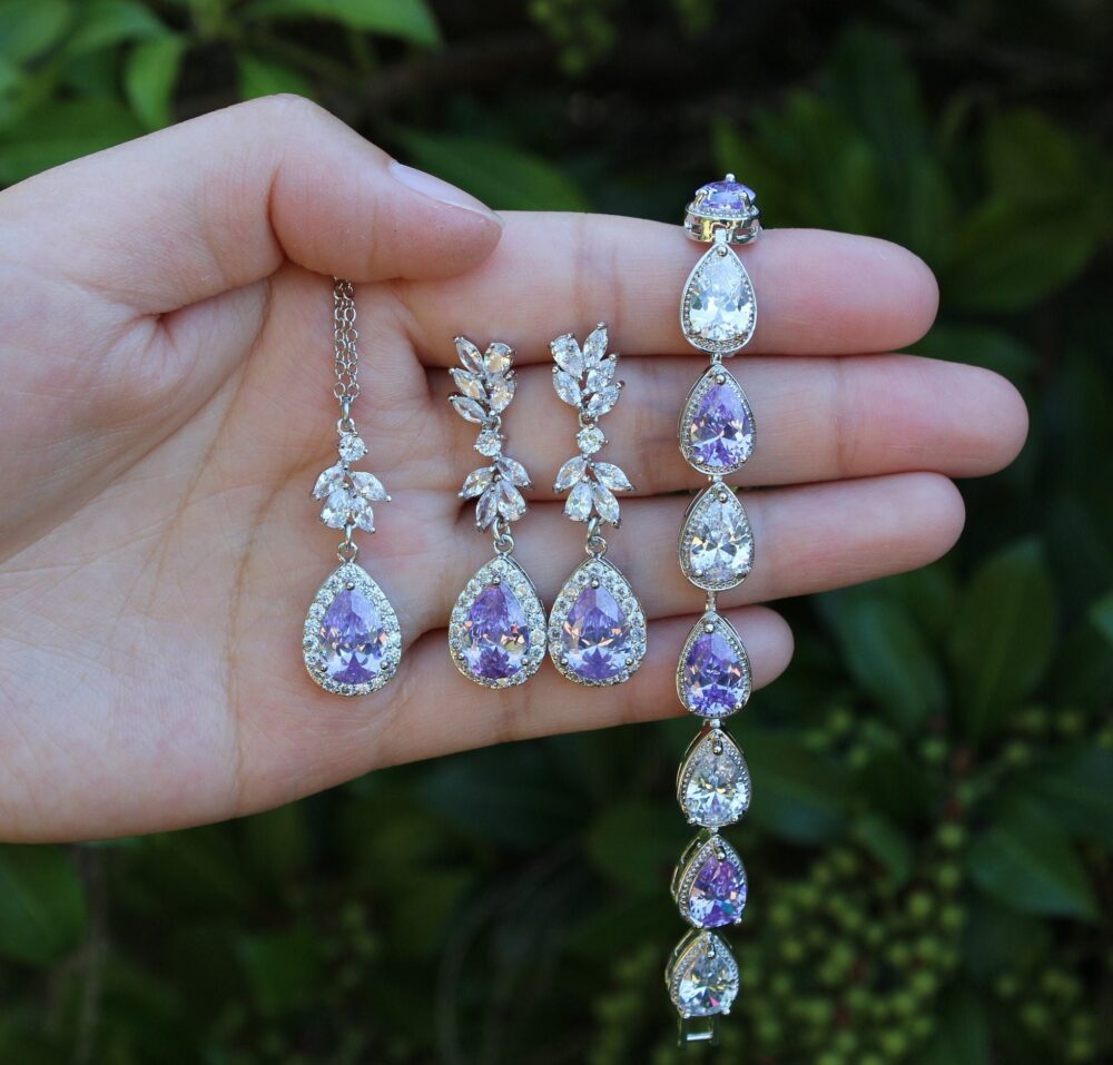 Lavender Bridal Jewelry Earring Bracelet Necklace Bridesmaids Gift Light Purple Bridal Earrings Silver Wedding Set Vine Leaf Xy1