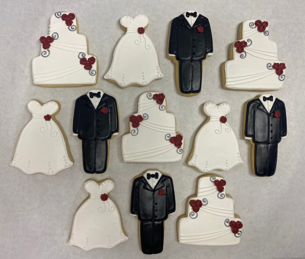 Wedding Favor Cookies, Bridal Shower Favors, Bride Dress Groom Tux Cake Cookie Favors