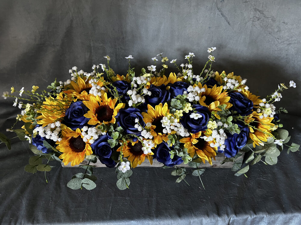 Sunflower Wedding Centerpiece Royal Blue Barrel Arrangement