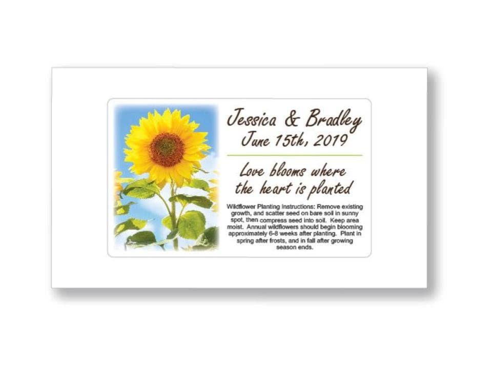 50 Personalized Wedding Sunflower Seed Packets - Bridal Favors Garden Party Supplies Mementos Shower Gift