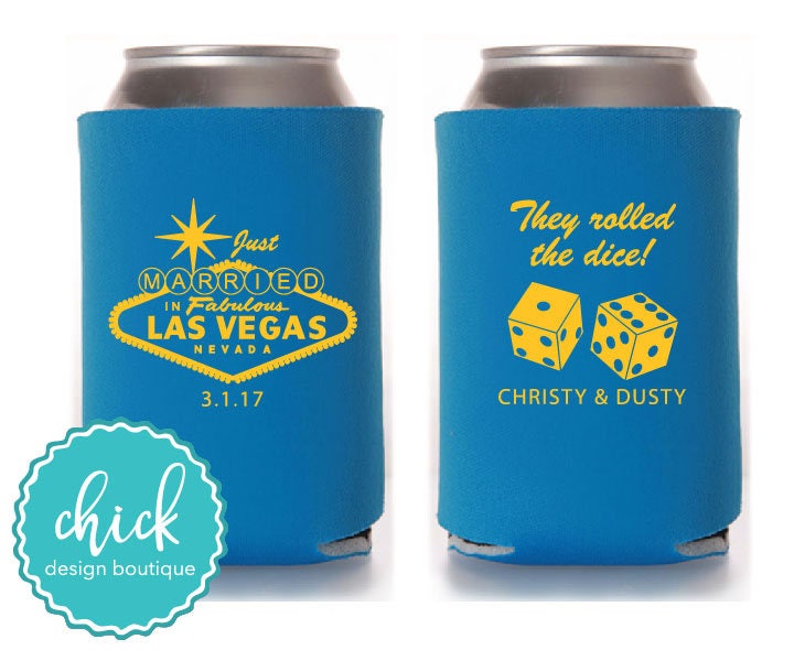 They Rolled The Dice in Las Vegas - Custom Can Cooler Personalized Wedding Favor Party Gift Anniversary Shower 2D358