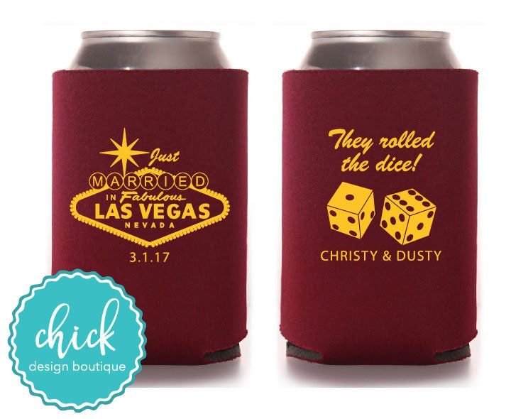 They Rolled The Dice in Las Vegas - Custom Can Cooler Personalized Wedding Favor Party Gift Anniversary Shower 1D358