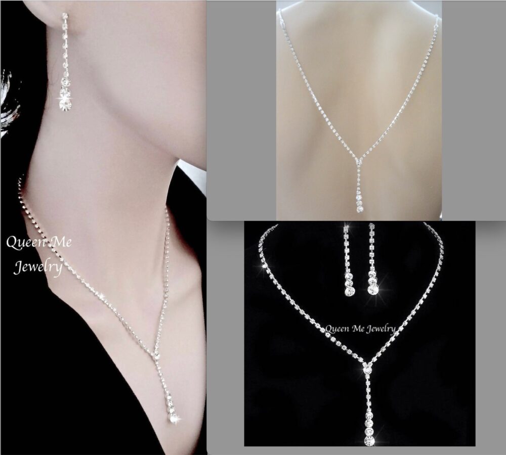 Dainty Crystal Wedding Jewelry Set For A Bride Graduating Rhinestone Chandelier Earrings & Backdrop Back Necklace Bridal