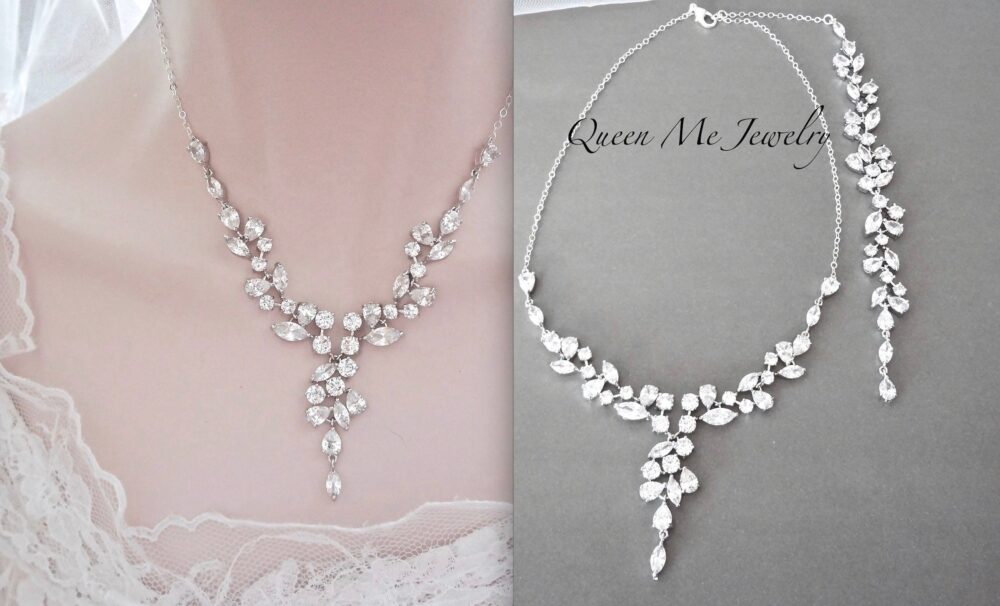 Backdrop Bridal Necklace Wedding With A For Bride Dainty Cz Marquise Back Bib Jewelry Gift For Her. Lilly
