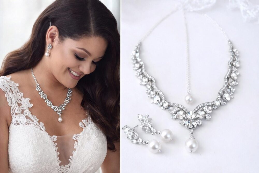 Pearl Earrings & Crystal Scalloped Bib Backdrop Back Necklace For A Wedding Bride Mother Of The Statement Bridal Jewelry Set. Lilly