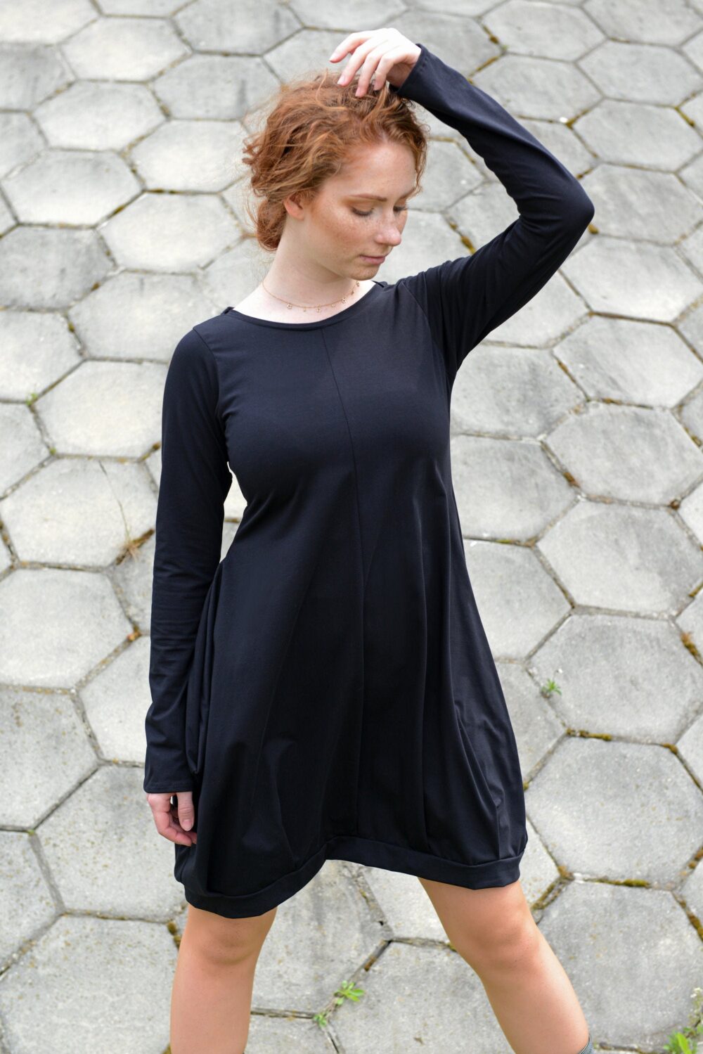 Cotton Little Black Dress, Long Sleeve Balloon Dress