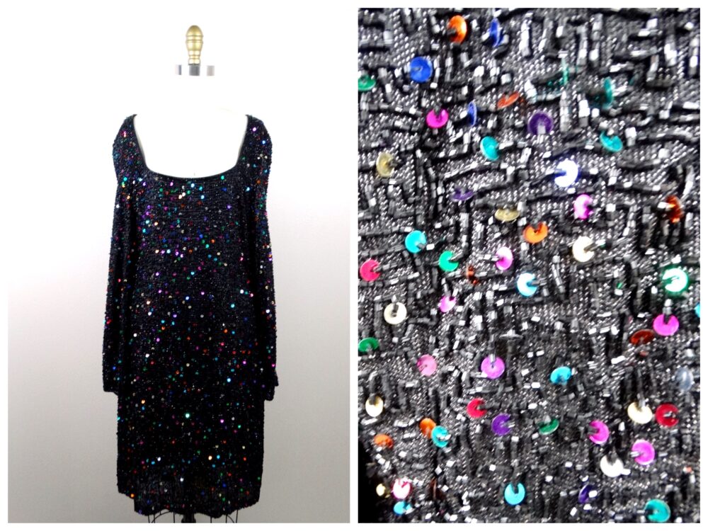 Confetti Beaded Dress/Vintage Rainbow Sequin By Oleg Cassini Black Tie