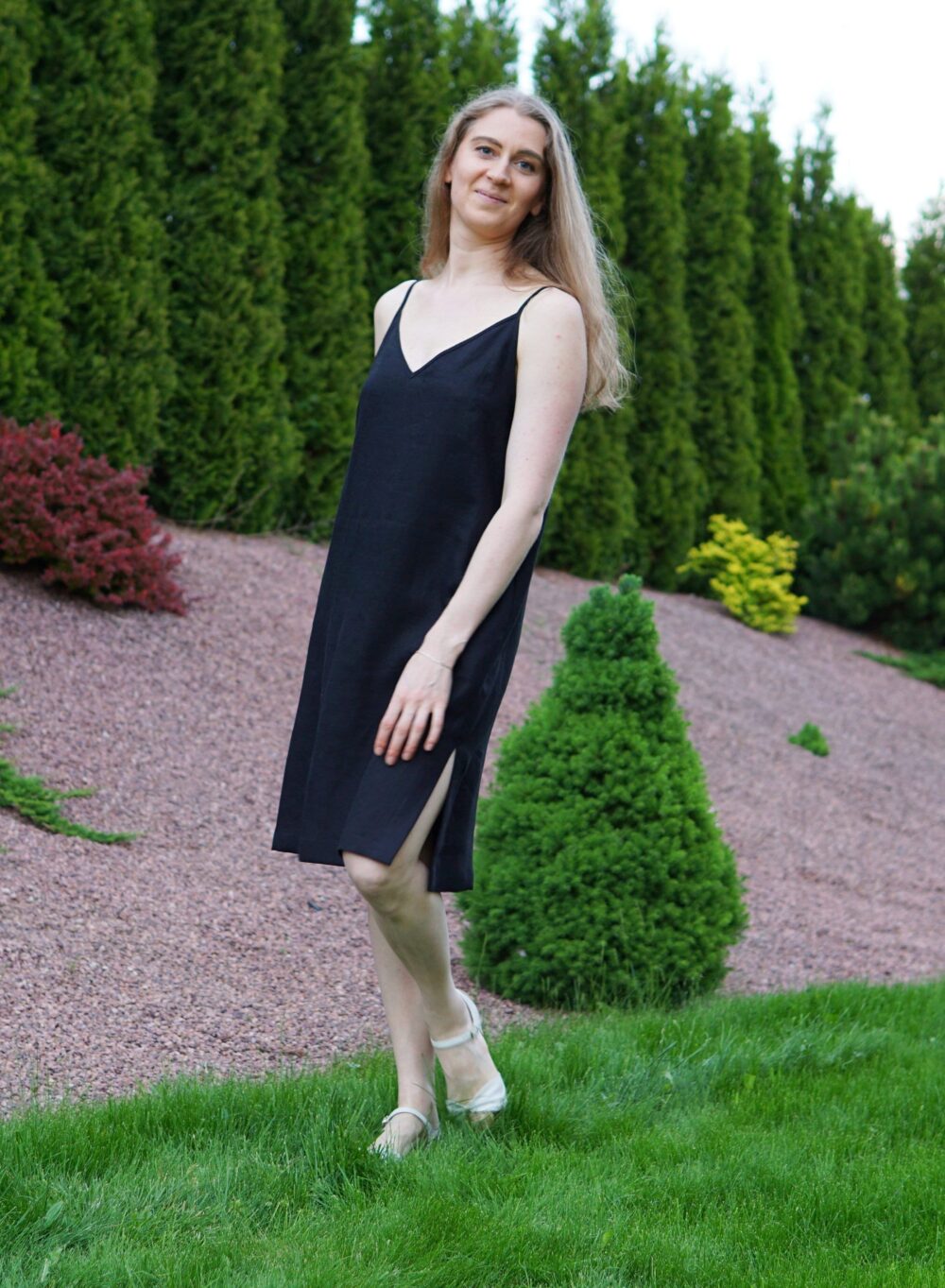 Black Linen Slip Dress. Midi Sundress. Beach Summer Dress. Cami Camisole Dress With Pockets
